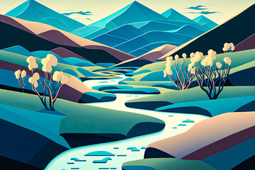 Wall Mural - Mountains with stream landscape design, background, graphic. Generative AI