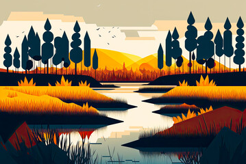 Wall Mural - Trees with river landscape design, fall yellow and orange colors, background, graphic. Generative AI