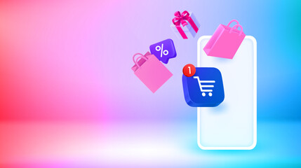 Aufkleber - Internet Shopping via modern smartphone. Vector 3d banner with copy space