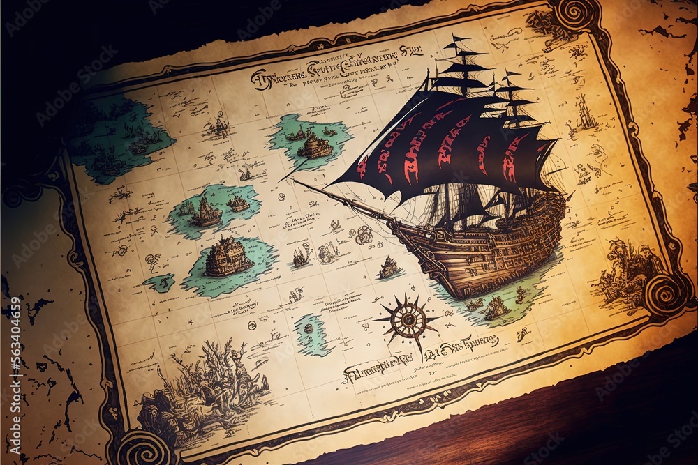 ภาพประกอบ Stock Pirate treasure map, with drawn pirate ship and sea ...