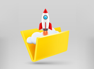 Poster - Yellow folder with rocket launch. Business start up concept. 3d vector illustration