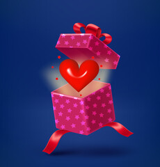 Aufkleber - Open gift box with red heart. 3d vector illustration