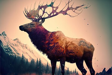 Moose with big antlers in imposing pose, background. AI digital illustration