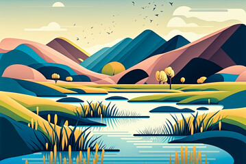Wall Mural - Mountains and stream landscape design, background, graphic. Generative AI