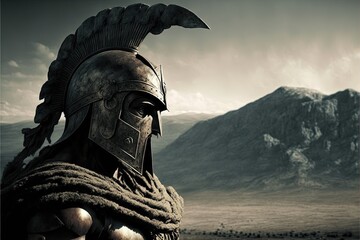 Wall Mural - Spartan soldier illustration with helmet and battlefield in background. Generative AI