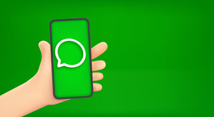 Poster - Cartoon hand holding modern smartphone with chat icon. 3d vector illustration with copy space