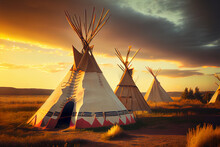 Indigenous First Nation Tipis On The Great Plains Of North America; Generative AI