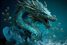 Chinese Water Dragon. Postproducted Generative AI Digital Illustration.