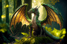 Forest Dragon With Wings Sitting On Stone In Green Woods. Postproducted Generative AI Digital Illustration.
