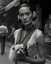 Chinese Woman Posing  In Hong Kong In 1938.. Monochromatic Vintage. This Image Was Created With Generative AI,	