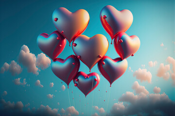 Wall Mural - Heart Shaped Balloons In Sky - Generative Ai