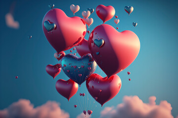 Wall Mural - Heart Shaped Balloons In Sky - Generative Ai