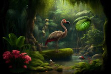 Green Jungle Background With Birds, Generative Ai