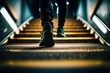 © Dieter Holstein - A close up shot of a man's shoes while jogging up a bright yellow staircase underground, generative ai