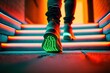 Close-up of a person's shoes with a greenish neon-lit sole while taking a step on brightly neon-lit staircase, backview, generative ai