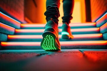 Wall Mural - Close-up of a person's shoes with a greenish neon-lit sole while taking a step on brightly neon-lit staircase, backview, generative ai