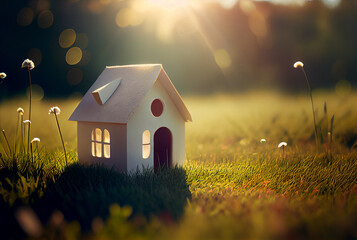 Small white paper house in beautiful green meadow. Eco friendly house concept background 3D Illustration