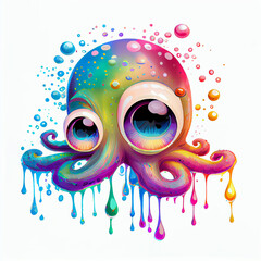 Wall Mural - Surreal sad octopus with dripping paints. Generative AI.