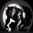AI-generated illustration of a black wolf with glowing red eyes, with a large white moon in the background.