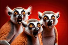 Group Of Surprised Lemurs On A Red Background, Created With Generative AI Technology