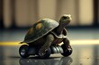 Turtle on a scooter, concept of something slow on something fast, created with Generative AI technology