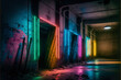 Abandoned Factory Warehouse Interior with Neon Light Installation Generative AI