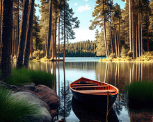 A Lake With A Rowboat In The Foreground And A Picturesque View Of A Pine Forest By Generative AI