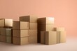 Piles of unlabeled cardboard package boxes over a flat pink background. Generative AI