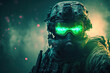 Futuristic special operations soldier on a mission at night wearing night vision goggles and face mask by generative AI