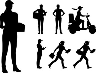 Wall Mural - Silhouettes set of delivery female worker holding cardbord box and folder in different poses. Delivery woman on a scooter. Vector flat style illustration isolated on white. Full length view	