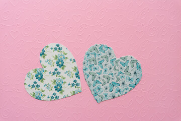 Wall Mural - scrapbook paper hearts with flowers and butterflies on pink paper embossed with the word love