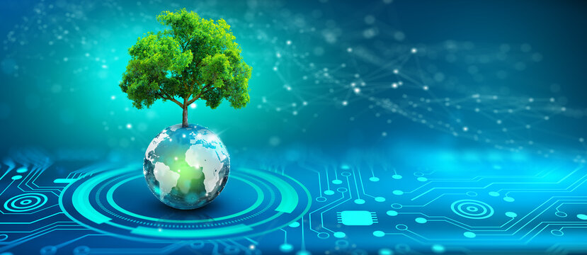 Wall Mural -  - Tree growing on crystal globe. Digital Convergence and Technology Convergence. Blue light, binary and network background. Green Computing, Green Technology, Green IT, csr, and IT ethics Concept.