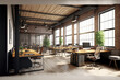 Leinwandbild Motiv Luxury workspace office decorated with industrial loft modern interior design. Peculiar AI generative image.