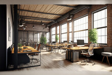 Luxury Workspace Office Decorated With Industrial Loft Modern Interior Design. Peculiar AI Generative Image.