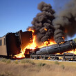 Train wreck crash accident with fiery inferno on railway with hot smoky flames scene of railroad destruction for metaphor of inevitable slow-moving diastrous calamity produced by using Generative AI