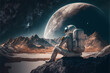  sitted realistic astronaut in moon looking to earth 