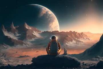 sitted realistic astronaut in moon looking to earth