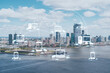 Aerial panoramic helicopter city view of New Jersey City financial Downtown skyscrapers. Social media hologram. Concept of networking and establishing new people connections