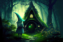 Dwarf Elf In The Magical Forest With Green Vintage Hut Background. Generative AI