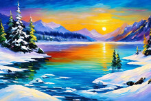 An Expensive Oil Painting Illustration Of A Beautiful Frozen Lake