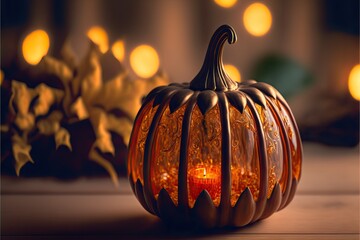 Glass halloween pumpkin on defocused background.