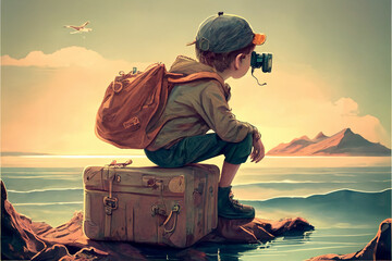 boy with sits on a suitcase floating on the sea, Generative AI	