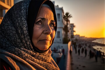 Sticker - Serious Old Arab muslim woman wearing a hijab posing in a northern african city. Generative ai