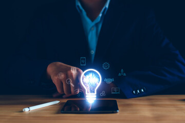 Wall Mural - businessman using cloud technology connect business data. cloud computing concept idea show on hand.