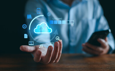 Wall Mural - data download from cloud computing concept. man using smartphone and computer to download, upload bu