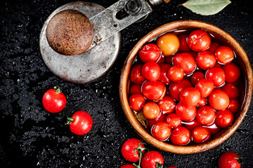 Poster - Tomatoes for marinating in a wooden plate.