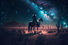Western Cowboy Woman Riding She's Horse At Night Futuristic