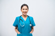 © Jirus - Portrait of Asian female doctor standing with stethoscope isolated on white background.