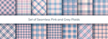 Pastel Pink Grey Plaids Seamless Pattens Set. Vector Checkered, Buffalo, Tartan Pink Colors Plaids Textured Background. Traditional Fabric Print Collection. 14 Plaid Texture For Valentine Day Design.