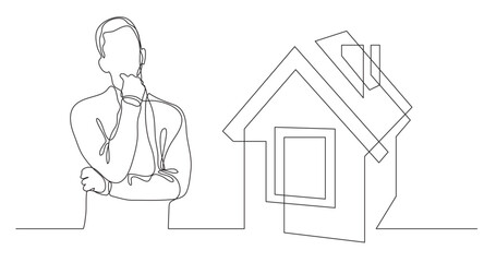 Wall Mural - continuous line drawing vector illustration with FULLY EDITABLE STROKE of man thinking about buying house